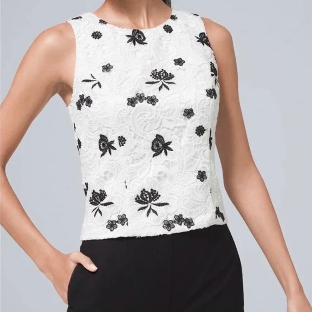 Sleeveless White Lace Top with Black Floral Embroidery